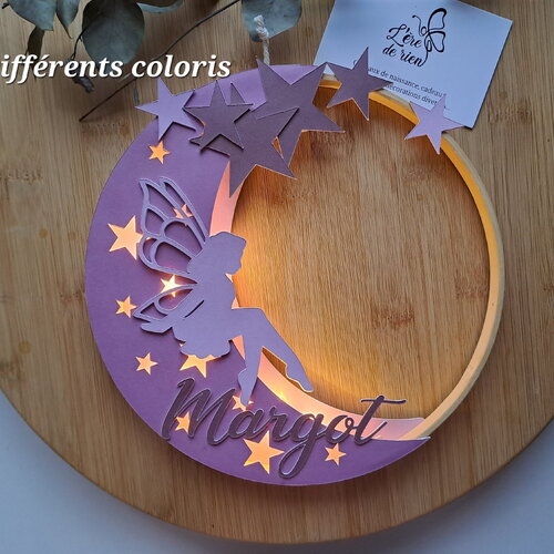 Veilleuse prénom personnalisé lune étoile fée- cercle en bois - décoration papier - décoration chambre