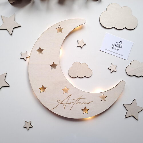 Veilleuse murale personnalisée lune en bois – prénom gravé – décoration chambre bébé