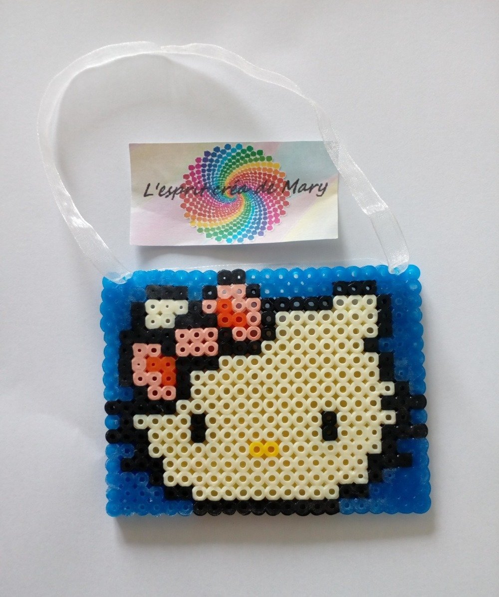 Decoration Murale En Perles Hama Pixel Art Joli Chat Hello Kitty Encadrement Bleu Un Grand Marche