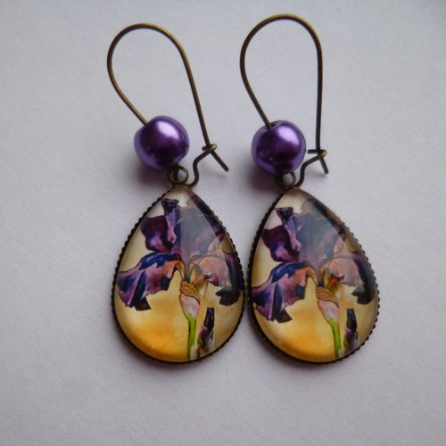 Boucles d'oreilles bronze crochets perles larmes cabochon  iris fleurs 18*25mm