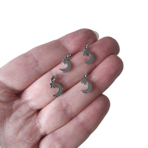 Lot de 4 breloques étoile-lune 10 mm en acier inoxydable