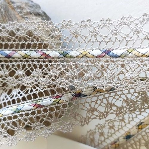 Superbe dentelle écrue, en coton, 4.2 cm, et ruban central, un biais de coton de 6 mm, embellissements, au mètre