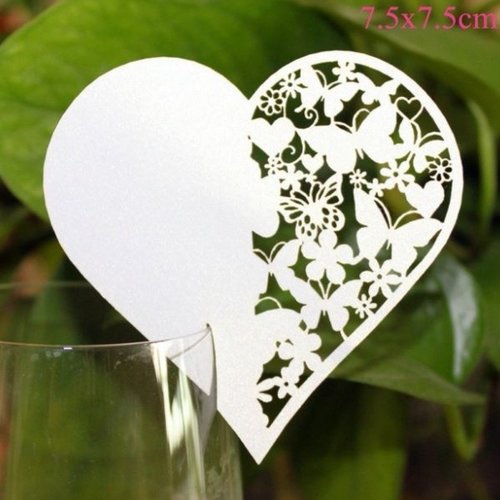 Coeur en carton léger, à fixer au verre, à suspendre, décoration, couleur : blanc cassé, 7.5/7.5 cm, vente par 10