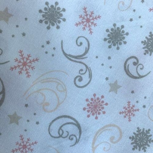 Noël : tissu en coton, "petits anges", taupe très clair, pêche, vieux rose doux, flocons, étoiles, coupon de 1.5 m sur 1 m