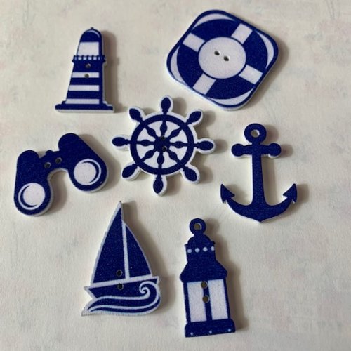 Boutons en bois, décoratifs , pour les marins, bleu et blanc, bois, neuf, de 13 à 31 mm,  6 pièces