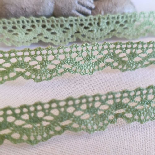 Dentelle en coton du puy, de couleur vert tilleul, 1.2 cm de large, neuve, vendue au mètre
