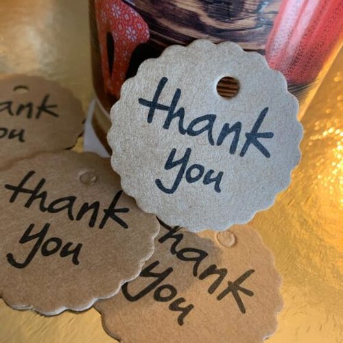 Noël : merci : étiquettes rondes dentelées en kraft, 4 cm, "thank you" vendues par 10