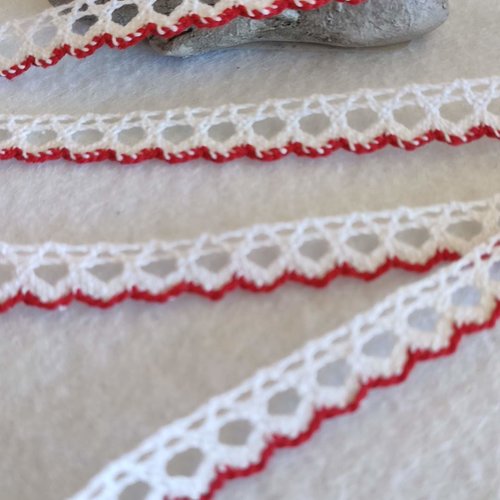 Noël : dentelle de bordure, finition, en coton, blanche et rouge, 12mm de large, embellissements,, au mètre