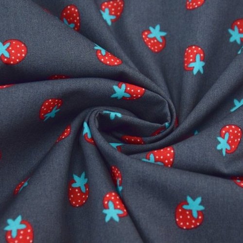 Superbe tissu, europe, en 100 % coton, petites fraises sur gris, 150 cm de laize, vendu par 25 cm