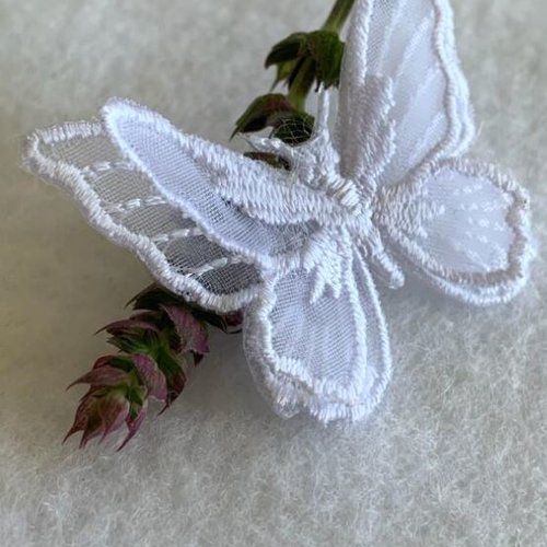 Papillon gm en tulle brodé, blanc, 4 ailes, avec possibilité de fixer à chaud, 5.5 cm/5 cm, à l'unité