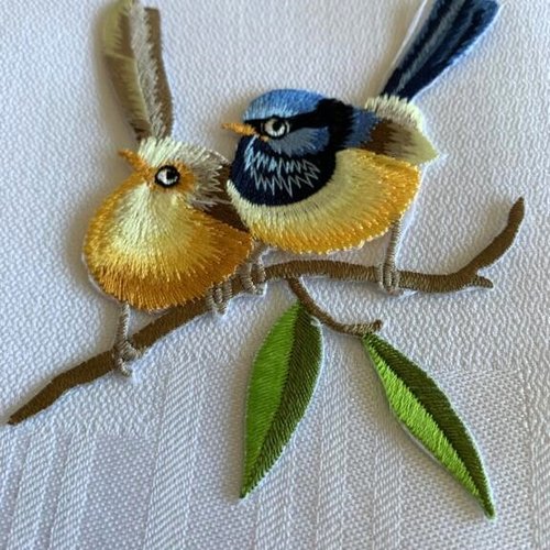 Embellissement, appliqué à coller, couple d'oiseaux sur branche d'olivier, 9 cm/7.5 cm, à la pièce