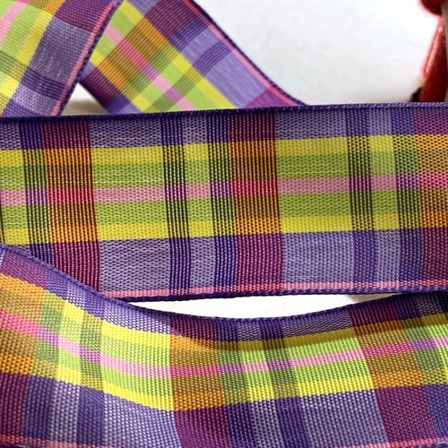 Ruban écossais,  en polyester, large de 25 mm, tartan mauve, anis, jaune et rose, en polyester, vente au mètre