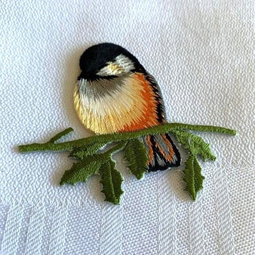 Patch, appliqué, un oiseau coloré, sur branche de houx, tête noire, plumage orangé,  6/5.2 cm, vente à la pièce