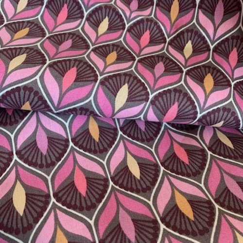 Tissu en coton, stof, "blossom ornaments", motifs floraux stylisés, fuchsia, crème, vente par 25/160 cm