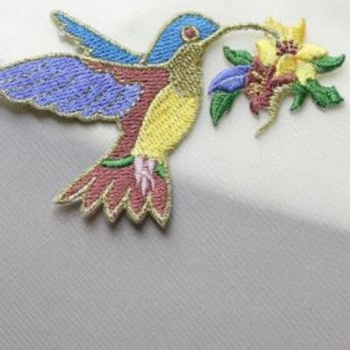 Embellissement, oiseau bleu et or, appliqué, à coller, 8.5 cm/5.5 cm de haut, vente à l'unité