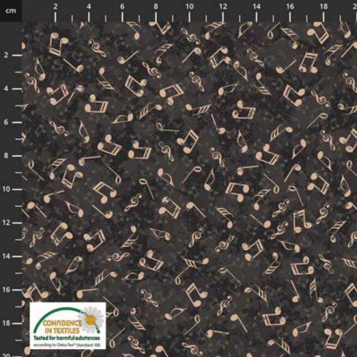 Tissu stof,2021,  en coton, fond noir et notes de musique cuivrées, large de 112 cm, vente par 25 cm