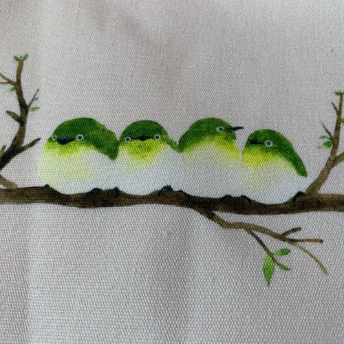 Appliqué, sur toile de coton, peinte, à coudre, ici 4 oiseaux verts sur la branche, taille : 15/15 cm, vente à l'unité