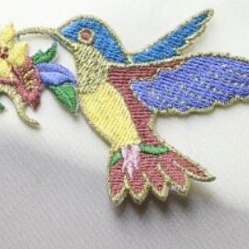 Embellissement, oiseau bleu et or, appliqué, à coller, 8.5 cm/5.5 cm de haut, vente à l'unité
