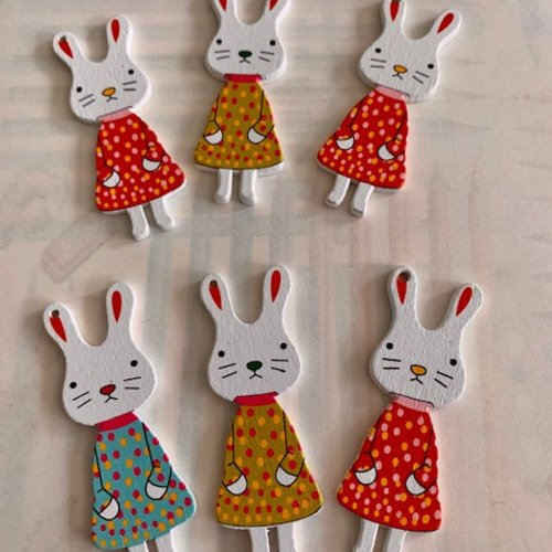 Décoration, embellissement, filles, lapins en bois, en robe, 5 cm de haut, 1.7 cm de large, vendues par 3