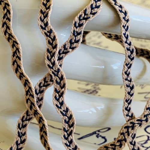 Serpentine, croquet, fantaisie, large de 6 mm, en polyester, fond écru, et fil marine, vente au mètre linéaire