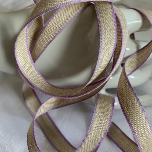 Ruban en lin et coton,  11 mm de large, ton naturel et bordure mauve, lilas, vendu au mètre