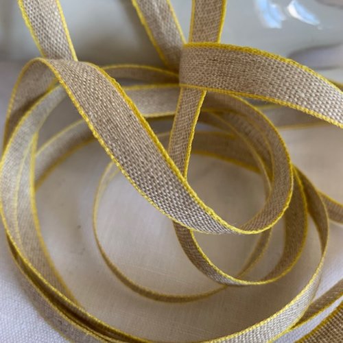 Ruban en lin et coton,  11 mm de large, ton naturel kraft et bordure jaune, vendu au mètre