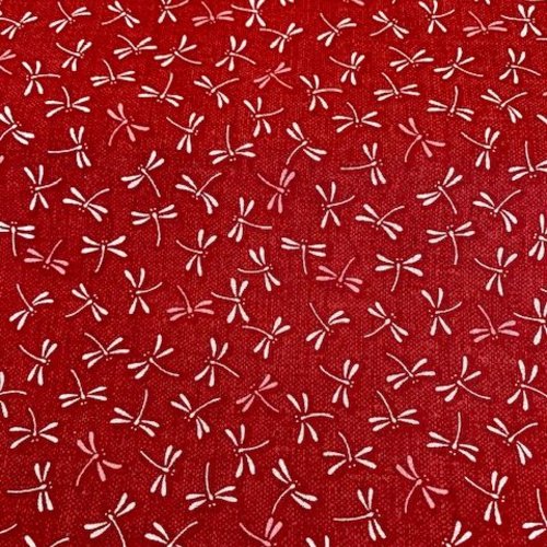 Tissu japonais, de marque sevenberry, rouge et beige, avec des libellules, symbole de force, vente par 25 cm sur 110 de laize