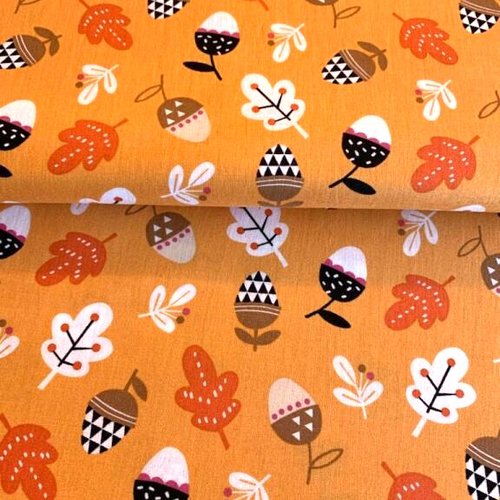 Tissu dashwood :  couleurs d'automne, en coton,  110 cm de large, décor d'humus, glands, feuilles, chêne, vendu par 25 cm de haut