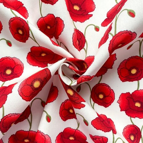 Tissu anglais, en coton écru, avec de grands coquelicots, rouges, pavots, laize de 112 cm, vente par 25 cm de haut