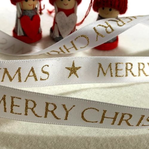 Ruban de noël, merry christmas, couleur or sur blanc, très pur, 23 mm de large, vente au mètre