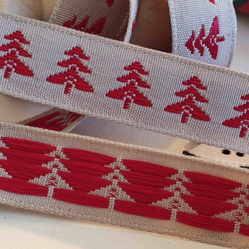 Ruban de noël, couleur jute et sapins rouges, large de 15 mm, tissage jacquard, vente au mètre