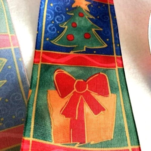 Ruban de noël, 63 mm, filaire souple, couleurs mêlées, vert, orange, bleu, jaune, rouge, or sapin, cadeau...vendu au mètre