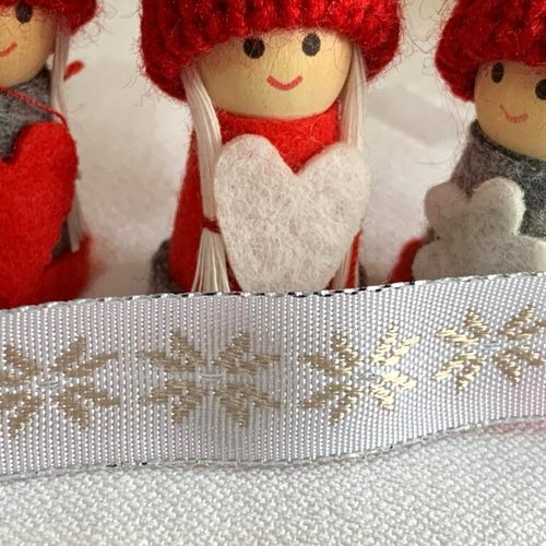 Noël : ruban top ! crystal flower, de berisford, flocon de neige, 15 mm de large, blanc, or, coeur argent, vente au mètre
