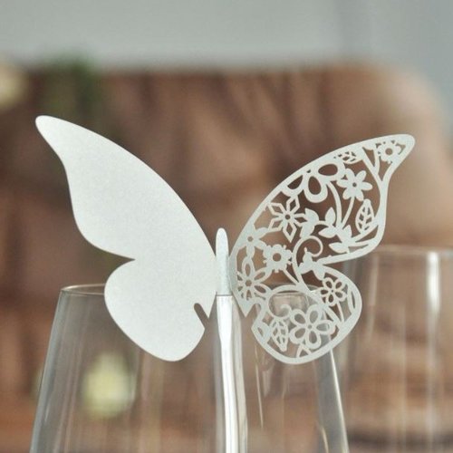 Papillon, en carton léger, blanc cassé, 11 cm / 7 cm, à fixer à un verre, à suspendre, à coller, vente par 10