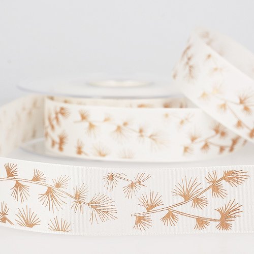Ruban de noël, branche de pin, métallisée cuivrée, sur fond blanc, en satin, large de 25 mm, vente au mètre