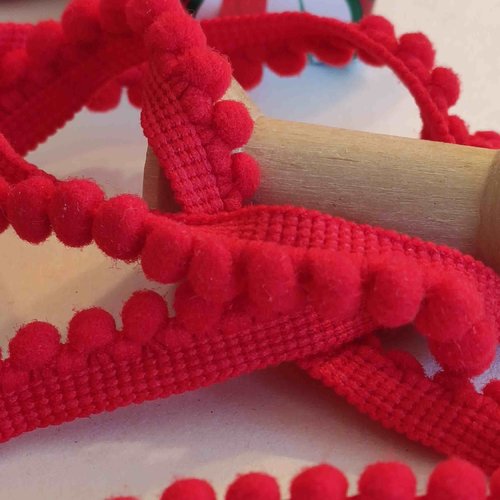 Galon Pompon 10mm De Large Avec Pompons 5mm - Rouge, Vendu Au Mètre, 100% Polyester, Pour Couture Et Déco