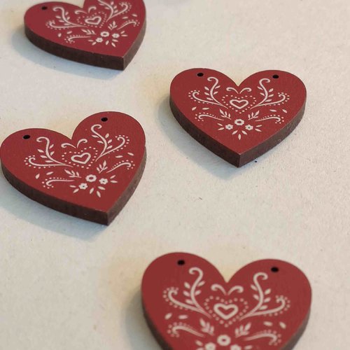Noël : cœur en bois peint, noël, pour toute décoration, fabrication française, rouge et blanc, 2.5/2.5 cm, à l'unité