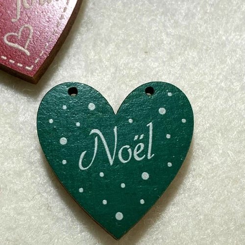 Noël : bouton en bois décoratif, en forme de coeur, vert et blanc, pour sublimer vos créations, vente à l'unité