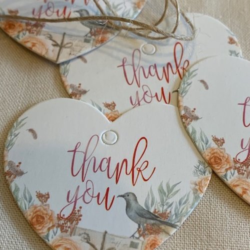 Coeur en carton, "thank you", oiseau gris, décor orangé, carterie, toutes occasions, vente par 10