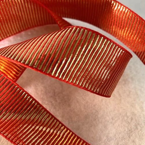 Ruban de gros-grain, métal, 25 mm de large, doré et rouge, décoration, embellissement, vente au mètre