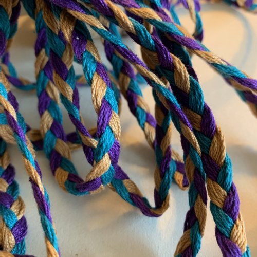 Tresse plate, cordon, laçet, en coton, turquoise, violet et daim, large de 9 mm, bijou, couture, vente au mètre