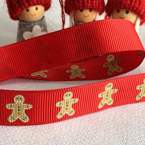 Noël : ruban gros grain, bonhomme pain d'épices, gingerbread, 16 mm de large, rouge et anis, sur rouge, au mètre