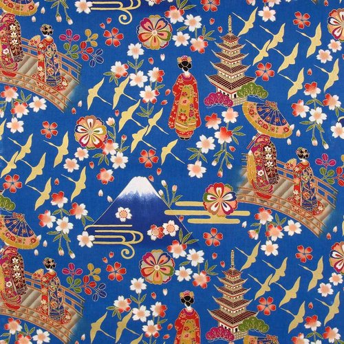 Nouveau tissu japonais, de naka fabric, fond bleu, du doré, oiseaux, ponts, personnages, vente par 25 cm/110 cm