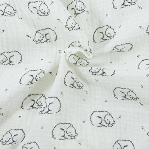 Double gaze imprimée, en coton bio, laize de 135 cm, blanc cassé avec des oursons charbon, 120 grammes, vente par 50 cm/135 de laize
