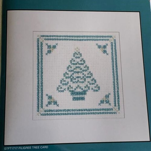 Carte de noël à broder, point de croix, réaliser un sapin teal et or de 14/14 cm, vente à l'unité