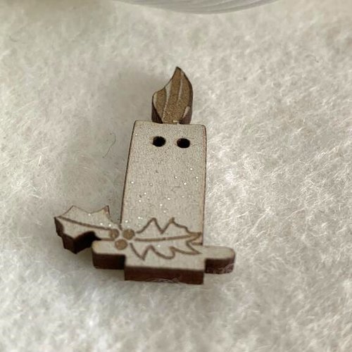 Noël :  boutons bois, décoration, 3 sapins, bougeoirs en bois beige pailleté, vente à l'unité