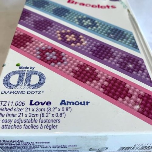 Diamond dotz kit complet afin de réaliser 3 bracelets thème de l'amour, love, rose bleu mauve, vente par kit