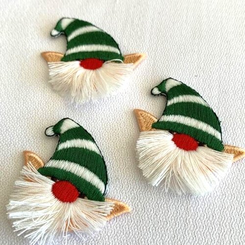 Écusson mignon, noël, petit lutin au chapeau rayé vert et blanc, 4/5 cm, grandes oreilles, vente à l'unité