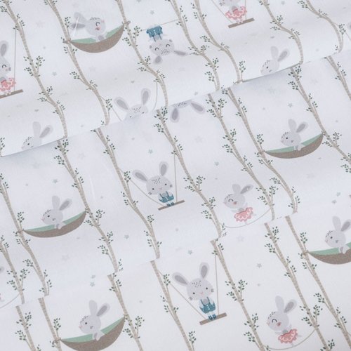 Tissu en coton, avec des petits lapins, fond blanc, avec du gris, du rose, du vert, vente par 50 cm/150 cm