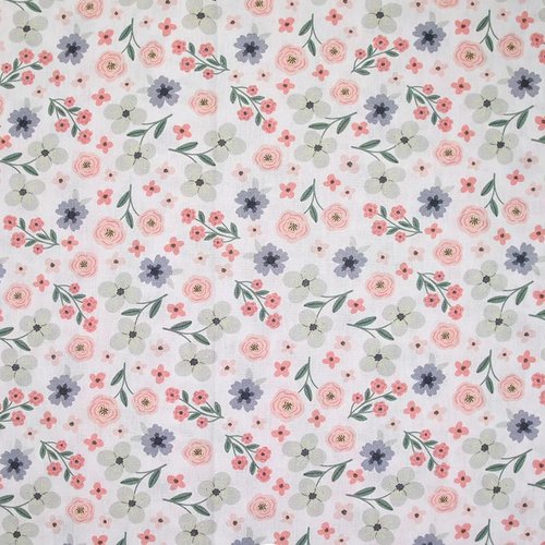 Tissu en coton, espagne, fond blanc, fleurs douces, rose et vert, vente par 50 cm sur 150 cm de laize
